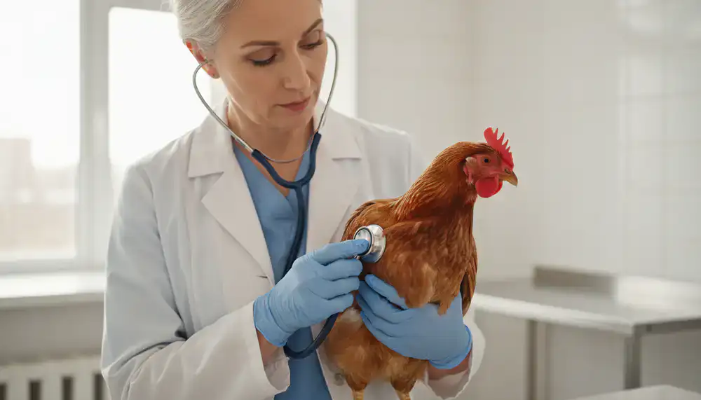 Veterinarian examining a flock of chickens in a well-lit barn