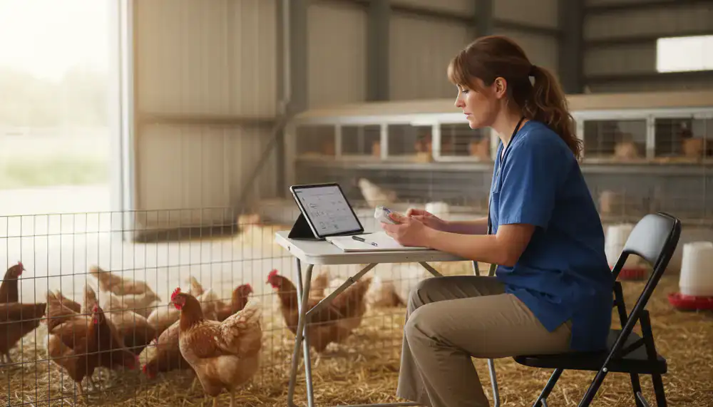 Veterinary professional preparing a health plan while observing a chicken flock