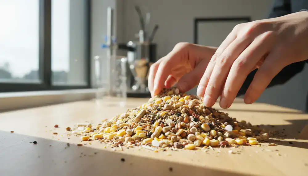 Hands examining quality poultry feed grains and nutritional supplements