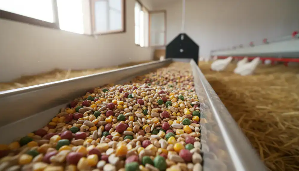 High quality specialized poultry feed presented in a clean agricultural feeder