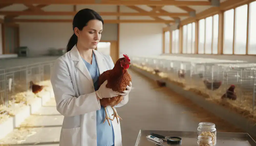 Veterinarian carefully examining a healthy chicken in a clean agricultural setting