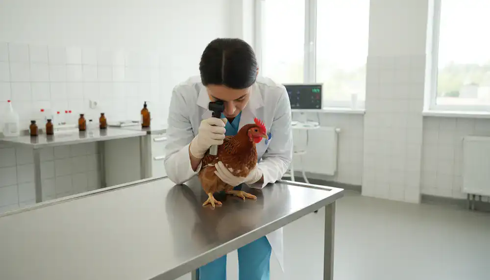 Veterinarian carefully examining a chicken in a clean clinic setting