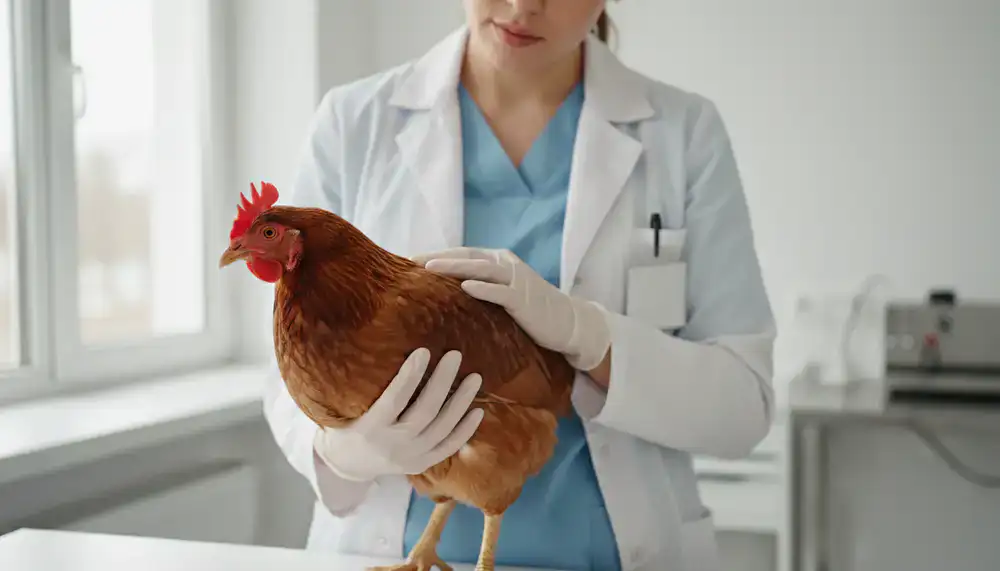 A caring veterinarian gently holding and inspecting a healthy brown hen