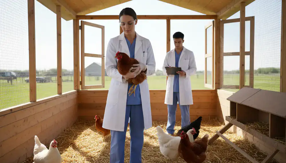 Veterinarian inspecting a well-ventilated chicken coop